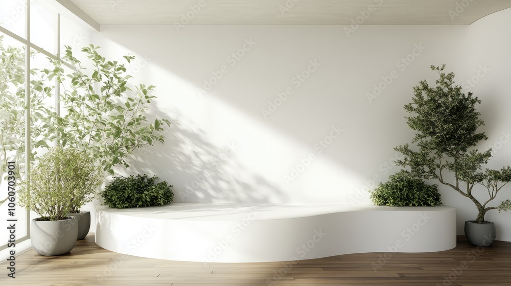 Modern minimalist display area with a white curved backdrop and stylish potted plants on a wooden floor in a bright room. Modern minimalist display area with a white curved backdrop and stylish potted plants on a wooden floor in a bright room.