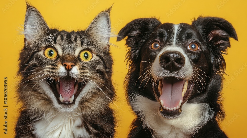 Obraz premium A cat and a dog with big smiles, looking excited about something.