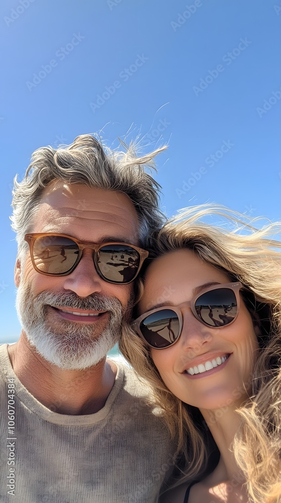 A middle-aged couple smiles and poses for the camera, wearing sunglasses in an outdoor beach setting