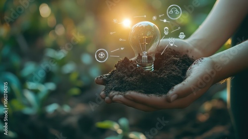 Wallpaper Mural A pair of hands hold a light bulb planted in rich soil, symbolizing the growth of ideas and innovation. The light bulb is surrounded by drawings of other light bulbs,  Torontodigital.ca