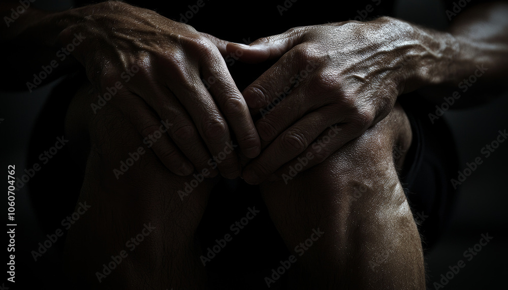 Fototapeta premium Detailed hands gripping upper thigh, showcasing strength and tension in dramatic light