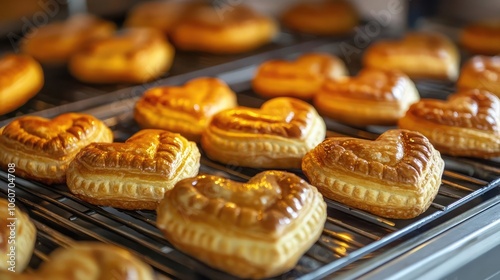 Golden brown heart-shaped pastries on a cooling rack, ready to be enjoyed.