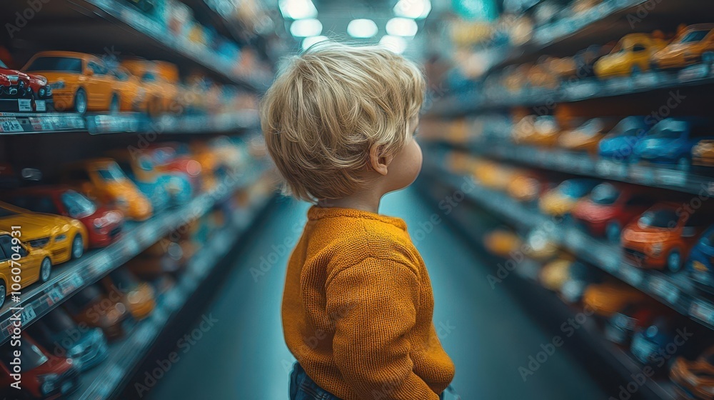 child captivated in a vibrant toy store aisle eyes wide in amazement as colorful toy cars line the shelves filling the space with joy and excitement child captivated in a vibrant toy store aisle eyes wide in amazement as colorful toy cars line the shelves filling the space with joy and excitement