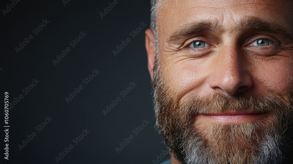 close up of happy man with beard, showcasing his bright blue eyes and warm smile. image captures joyful expression against dark background, emphasizing his features close up of happy man with beard, showcasing his bright blue eyes and warm smile. image captures joyful expression against dark background, emphasizing his features