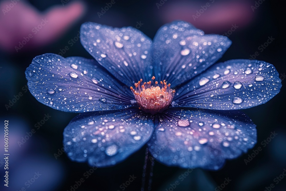 Close-up of a Dew-Covered Blue Flower with a Pink Center Close-up of a Dew-Covered Blue Flower with a Pink Center
