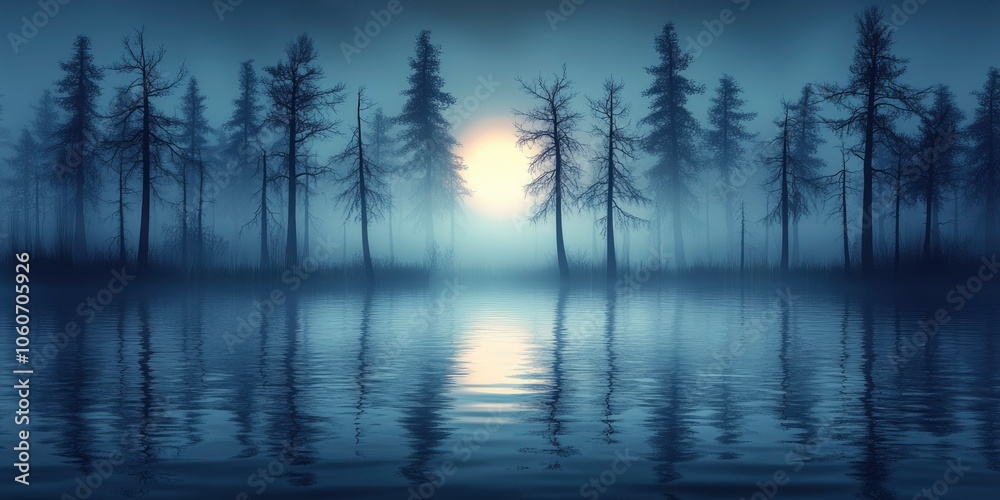 Silhouetted Trees Reflecting in Misty Water at Dusk Silhouetted Trees Reflecting in Misty Water at Dusk