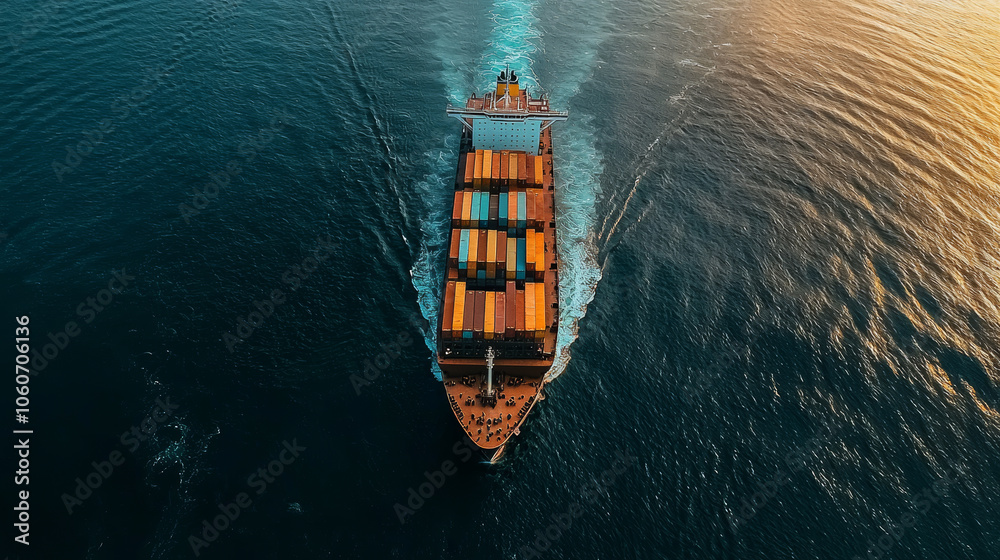 High tech cargo ship navigating through automated shipping lanes at sunset, showcasing advanced maritime technology and efficient logistics