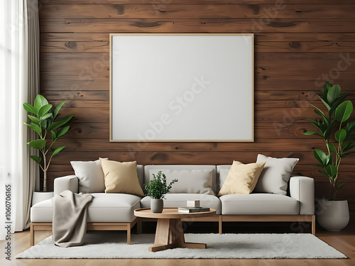 Mockup of an empty poster frame hanging on a white wall. photo