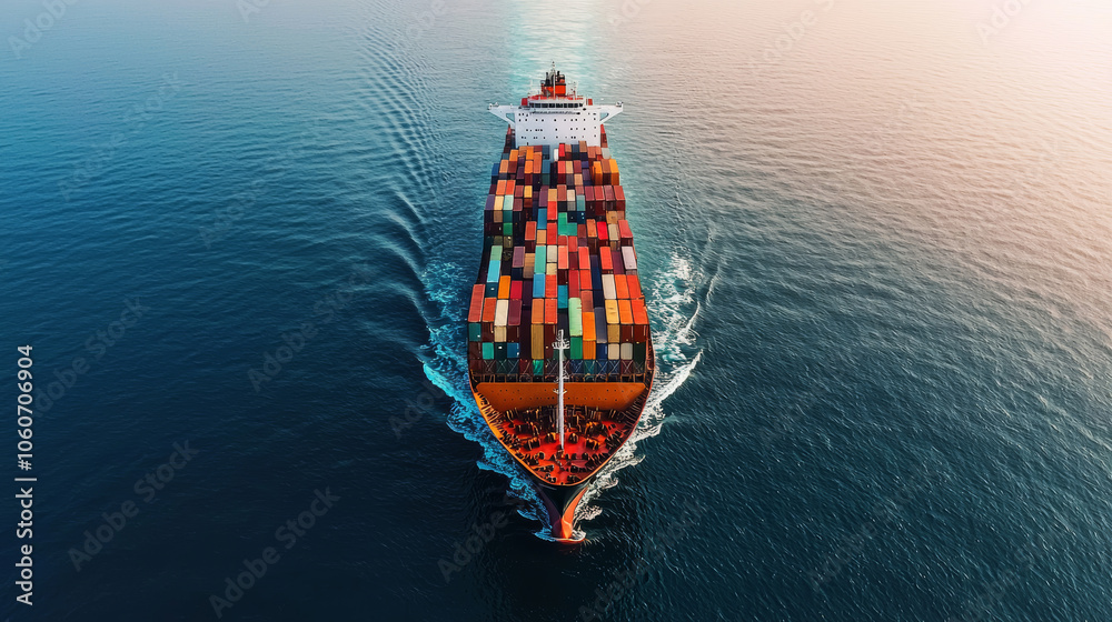 High tech cargo ship navigating automated shipping lanes at sea. vibrant containers create striking visual against calm water, showcasing modern maritime logistics High tech cargo ship navigating automated shipping lanes at sea. vibrant containers create striking visual against calm water, showcasing modern maritime logistics