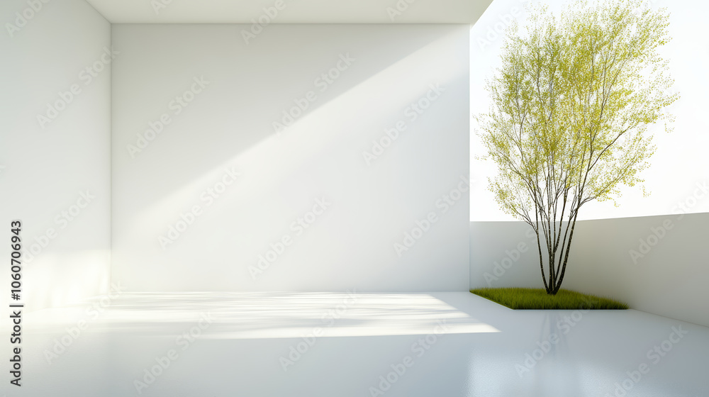 Fototapeta premium bright, minimalist interior featuring large window with natural light illuminating small tree and grass patch. clean lines and open space create serene atmosphere
