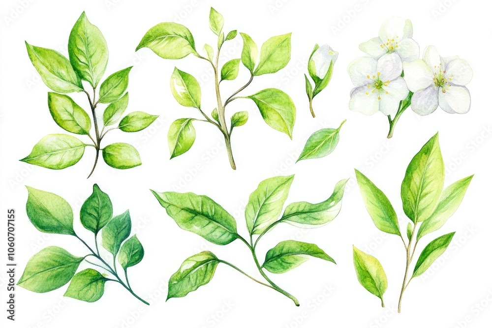 Watercolor Green Tea Leaves and Flowers. Refreshing Herbal Beverage Artwork.