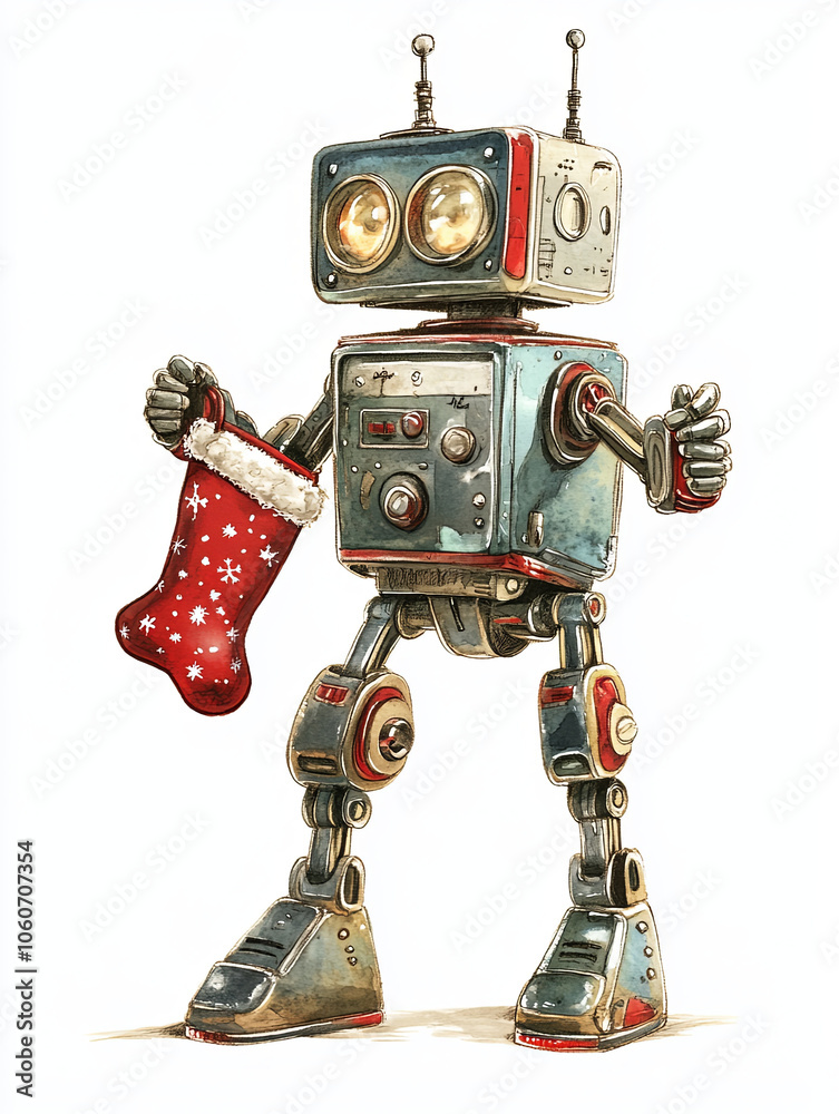 retro robot with metallic accents holds festive red stocking, evoking holiday cheer and nostalgia. Perfect for seasonal themes retro robot with metallic accents holds festive red stocking, evoking holiday cheer and nostalgia. Perfect for seasonal themes