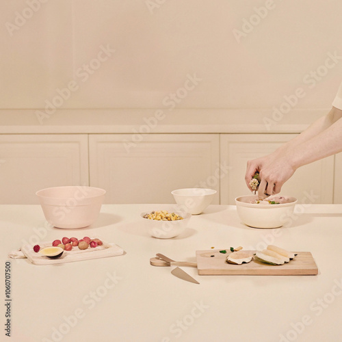 Minimalist Kitchen Setting with Pink Bowls and Wooden Cutting Board
