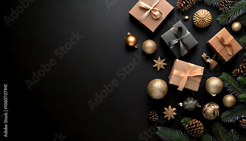 minimalist christmas compositions dark colors featuring gifts decorations black background flat lay negative space photo