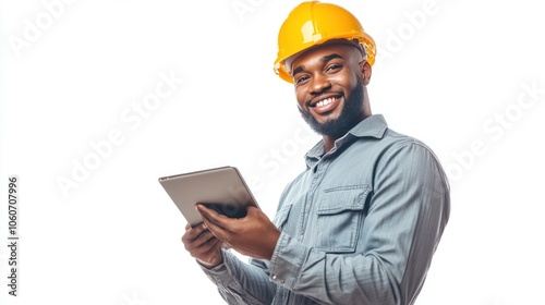 Smart engineer man smiling and inspecting a building with a tablet, isolated on a white background