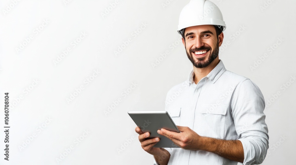 Smart engineer man smiling and inspecting a building with a tablet, isolated on a white background Smart engineer man smiling and inspecting a building with a tablet, isolated on a white background