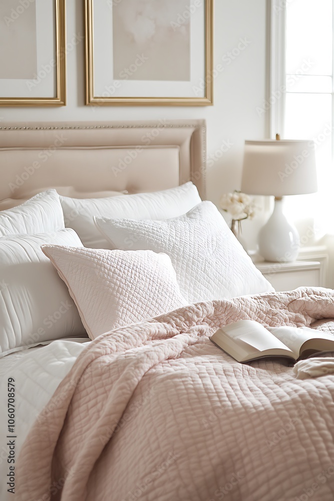 A pink quilted blanket and an open book on a made bed A pink quilted blanket and an open book on a made bed
