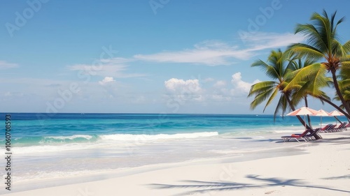 A vibrant beach scene with colorful umbrellas and clear blue skies, setting the perfect backdrop for a relaxing summer day, ocean, warm