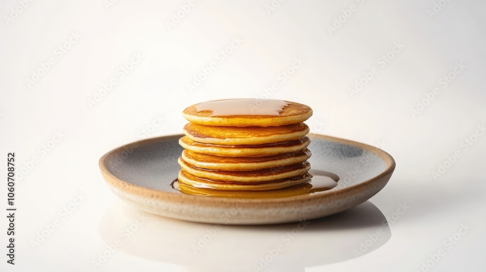 A stack of golden brown pancakes drizzled with syrup on a small plate, perfect for a sweet breakfast.