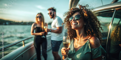 Happy woman enjoying sunset cruise with friends, woman with curly hair and sunglasses smiles brightly as she holds a glass of wine on a boat with friends.
