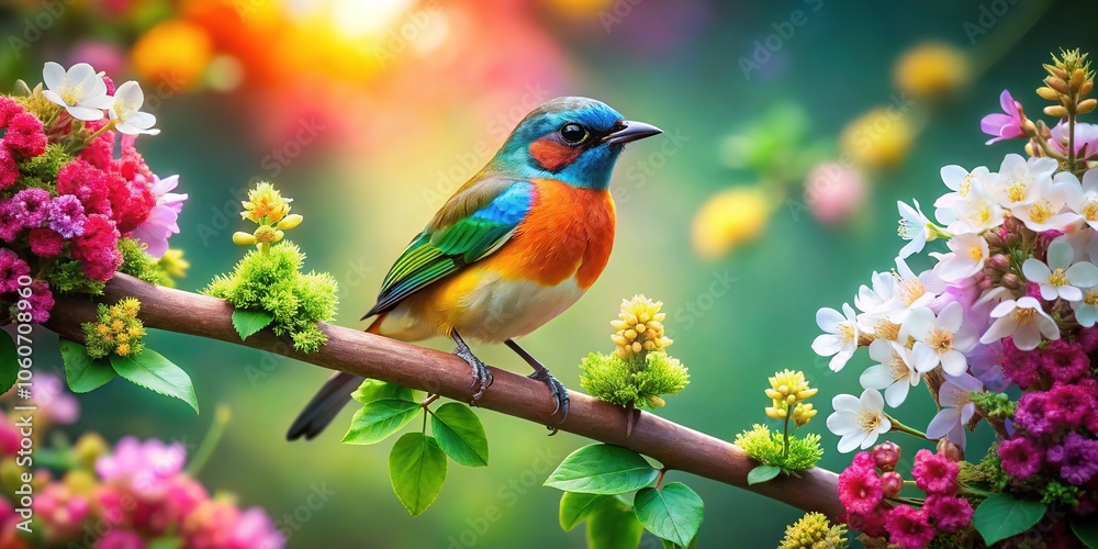 Nature's artistry: vibrant summer florals and singing birds. Nature's artistry: vibrant summer florals and singing birds.