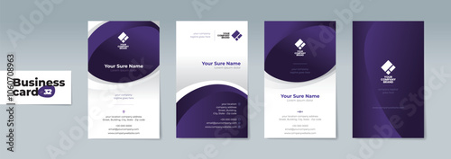 Set of double-sided business card template with abstract purple curves on a white background