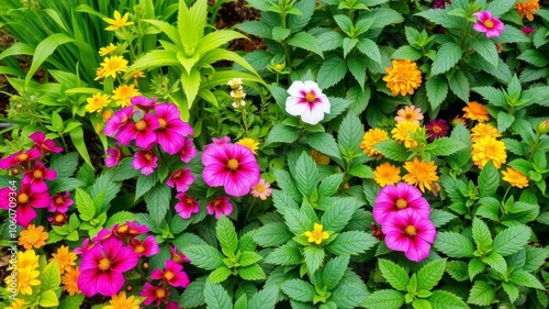 A variety of colorful flowers and plants arranged neatly in a beautiful garden setting, colorful, flowerbed