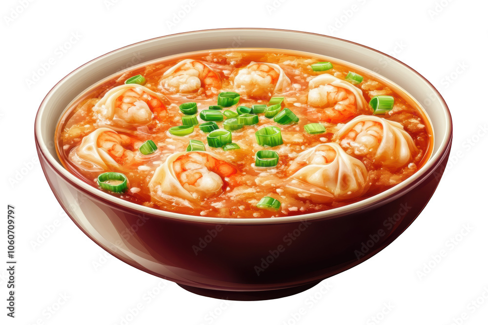 Wonton soup with shrimp dumplings and green onions, PNG isolated on transparent background, white background. Wonton soup with shrimp dumplings and green onions, PNG isolated on transparent background, white background.