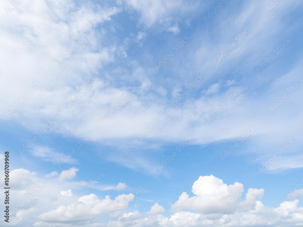 A stunning panoramic view of fluffy white clouds in a clear blue sky, creating a peaceful and serene atmosphere, peaceful, serene A stunning panoramic view of fluffy white clouds in a clear blue sky, creating a peaceful and serene atmosphere, peaceful, serene