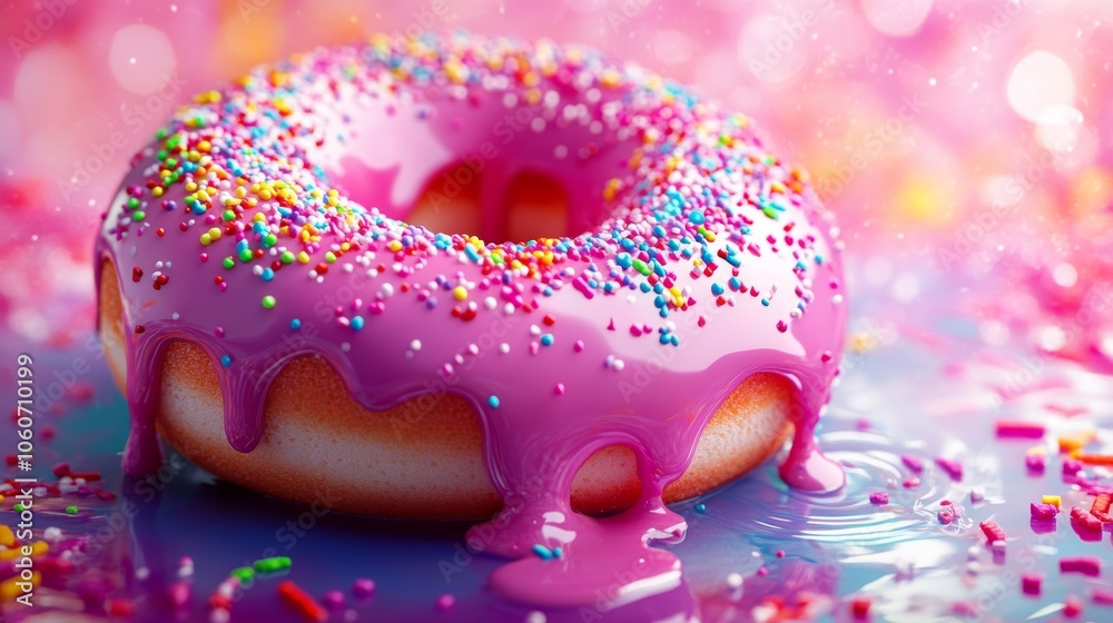 Vanilla Donut Covered with Colorful Sprinkles on Pink Background in Studio Lighting Vanilla Donut Covered with Colorful Sprinkles on Pink Background in Studio Lighting
