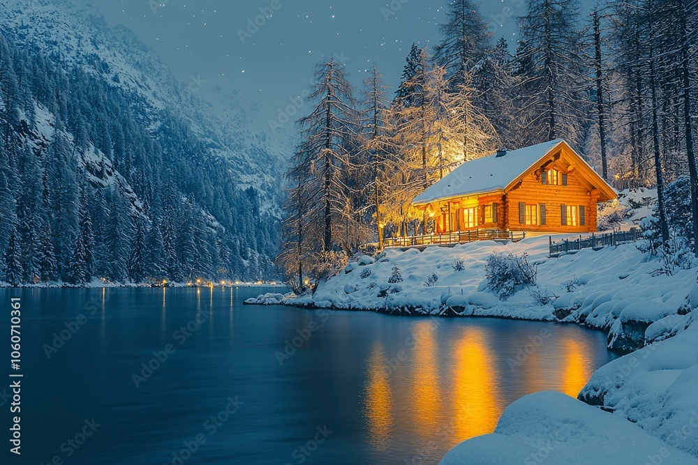 Fototapeta premium A Cozy Cabin by a Snowy Lake Under a Starry Sky
