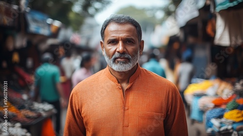 South Asian man in Mumbai market blending tradition and modernity