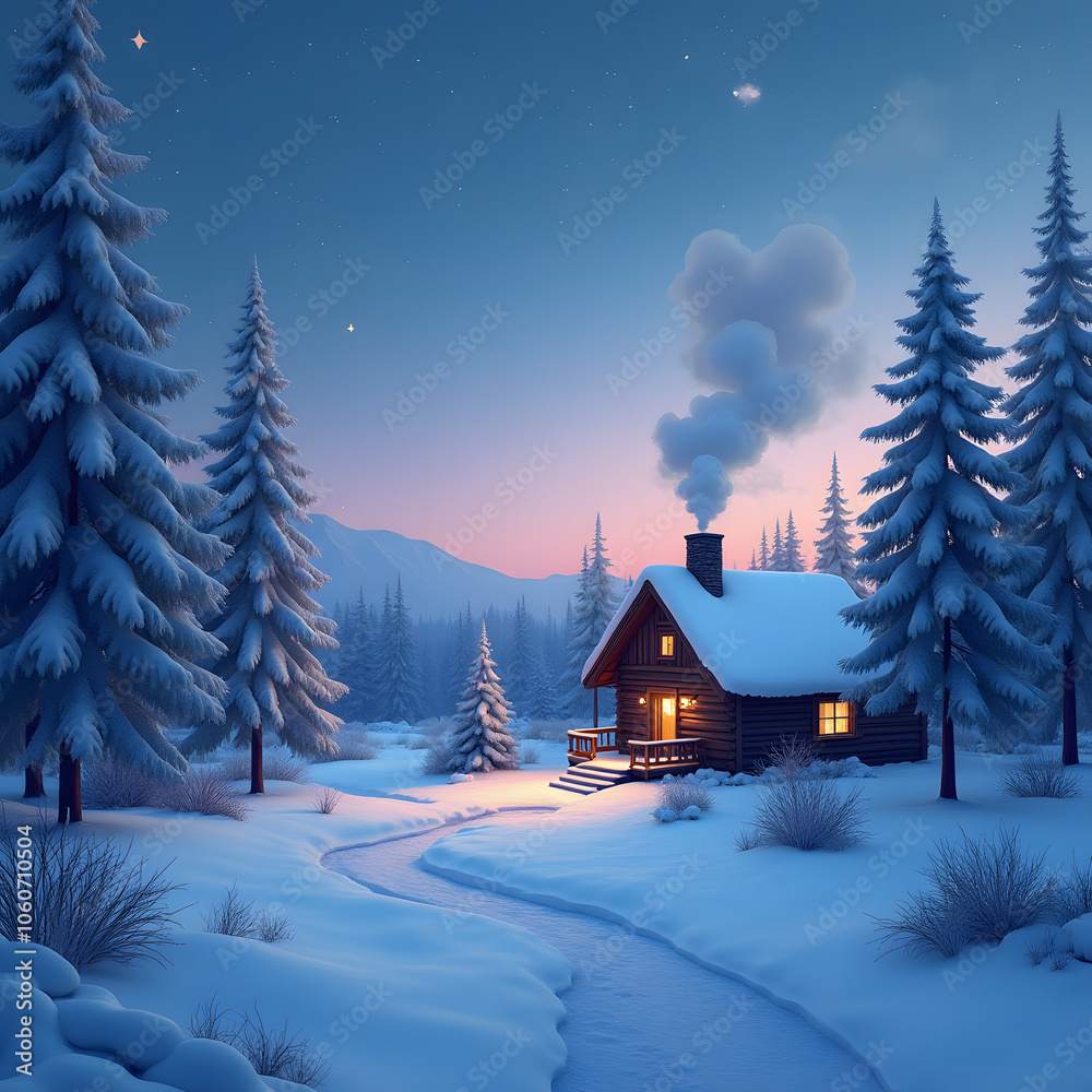 Fototapeta premium A serene winter landscape with snow-covered trees and a cozy house with smoke curling from the chimney.