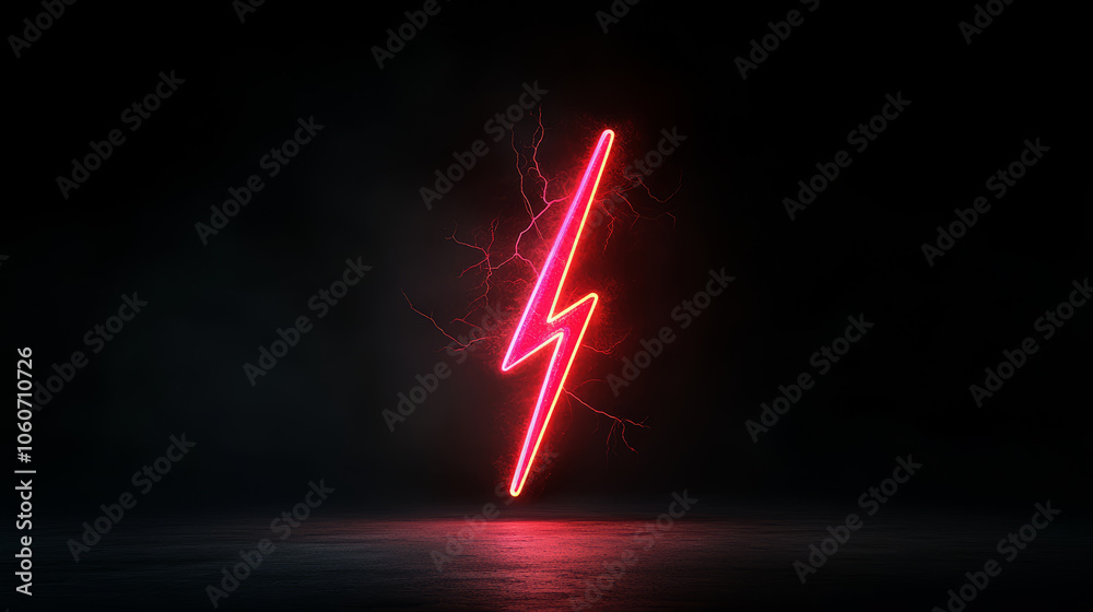 Neon lightning bolt icon glowing in dark background, sharp lines create ...