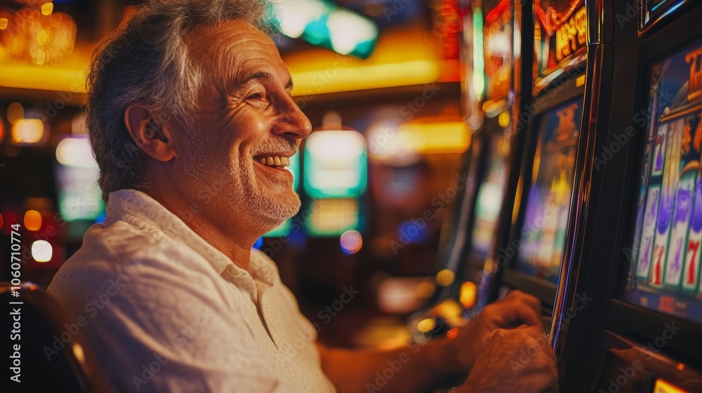 Happy Senior Man with Gray Hair Smiling and Playing Slot Machine in Casino Happy Senior Man with Gray Hair Smiling and Playing Slot Machine in Casino