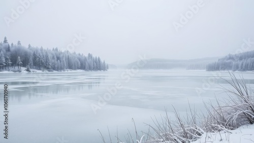 A serene winter landscape with snow-covered trees and a peaceful lake, trees, outdoors