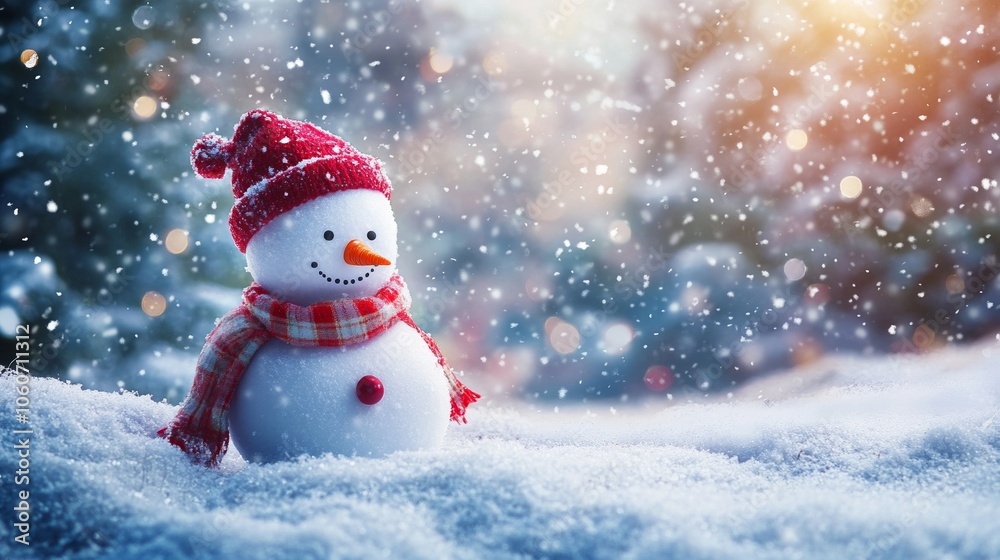 Christmas Winter Background with Snowman in Snowy Forest and Clear Sky Christmas Winter Background with Snowman in Snowy Forest and Clear Sky