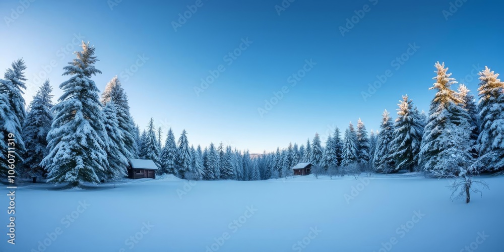 A serene snow-covered landscape with a cozy cabin nestled among evergreen trees under a clear blue sky, cabin, snow-covered A serene snow-covered landscape with a cozy cabin nestled among evergreen trees under a clear blue sky, cabin, snow-covered
