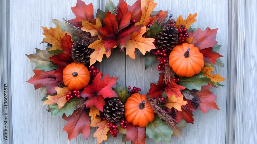 A colorful autumn wreath featuring leaves, pinecones, and pumpkins, perfect for seasonal decor. A colorful autumn wreath featuring leaves, pinecones, and pumpkins, perfect for seasonal decor.