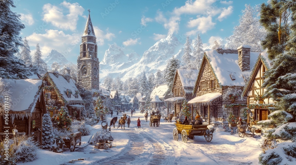 Snowy Winter Village Scene with Church and Pine Trees under Clear Sky Snowy Winter Village Scene with Church and Pine Trees under Clear Sky