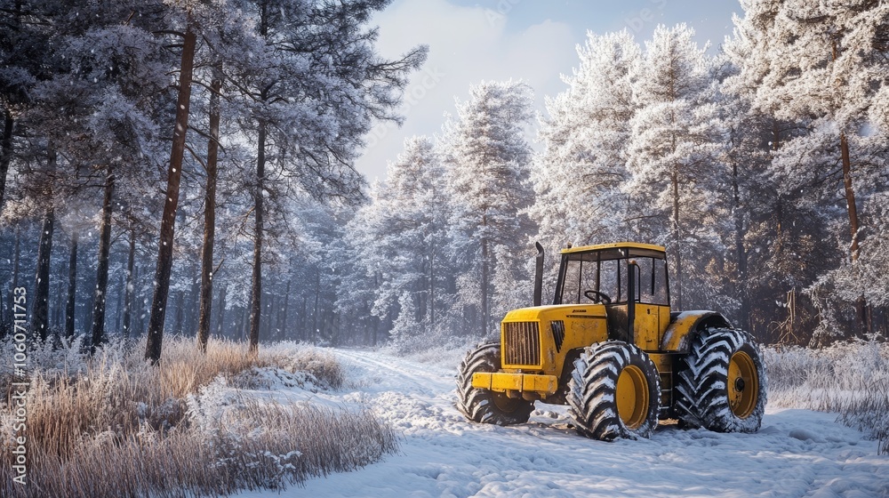 Yellow Tractor Driving Through Snowy Winter Forest with Sunlight Streaming Yellow Tractor Driving Through Snowy Winter Forest with Sunlight Streaming