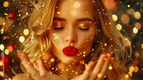 Blond Girl with Gold Sequins: Young blond girl with wavy hair, bright evening makeup, and red lips. Holding palmful of gold sequins, celebrating New Year or Christmas with joy  photo