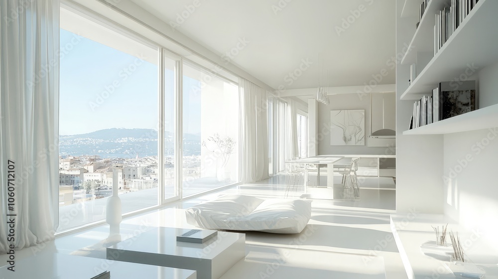 Fototapeta premium A minimalist living room with white walls, furniture, and curtains, overlooking a city skyline.