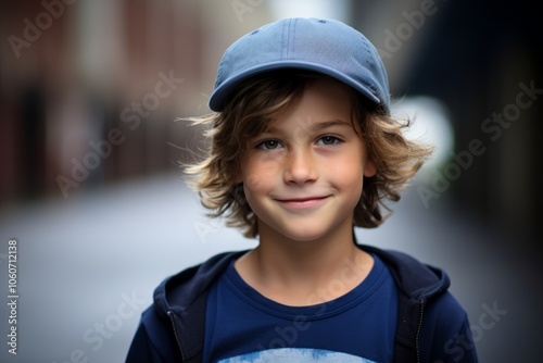 Portrait of a boy in a baseball cap on a city street