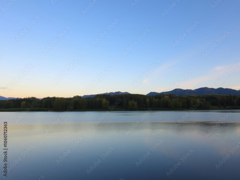 A serene landscape with a colorful sunset reflecting on a calm lake surrounded by lush green trees and mountains in the background, green, colorful A serene landscape with a colorful sunset reflecting on a calm lake surrounded by lush green trees and mountains in the background, green, colorful