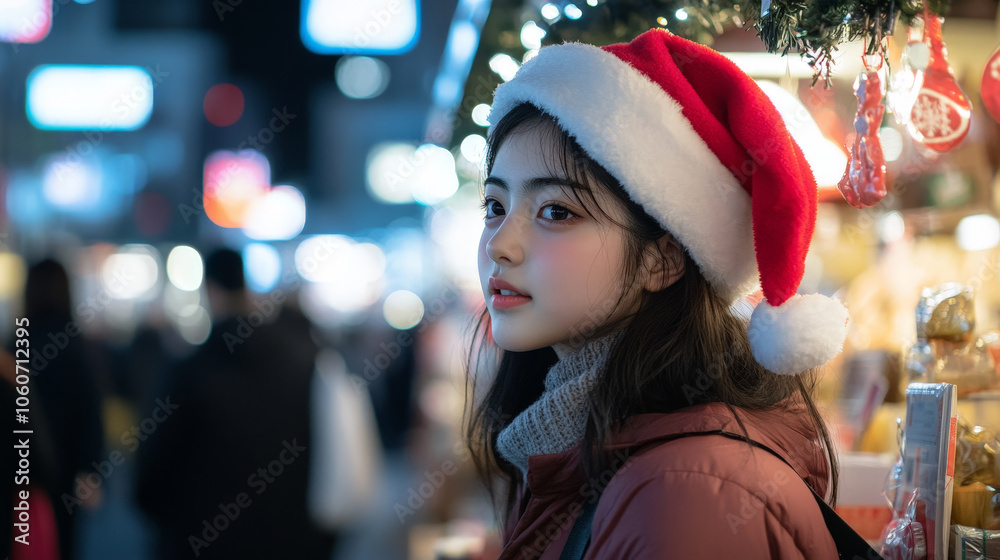 Woman in Santa Hat by Festive Lights in Winter Scene Woman in Santa Hat by Festive Lights in Winter Scene