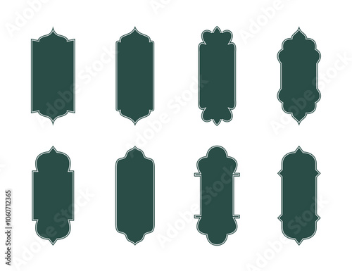 Islamic shape set blank template in green color vector illustration. Islamic Shape door, window silhouette Arabic arch. Islamic gate designs. Frames in Arabian Muslim design elements for decoration.