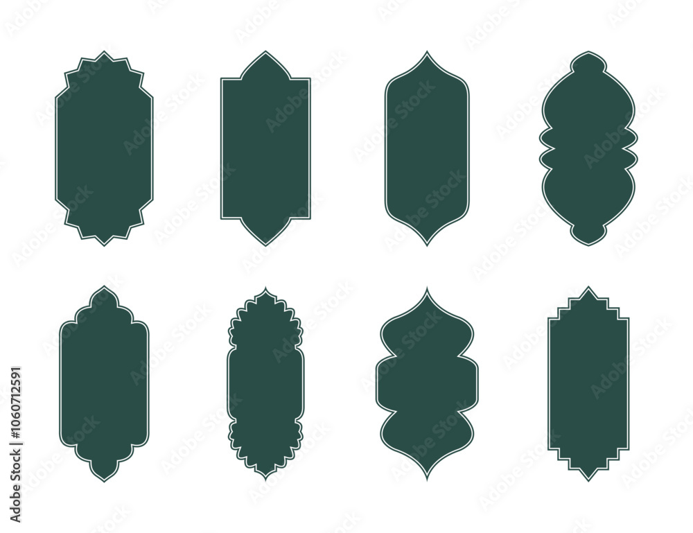 Islamic shape set blank template in green color vector illustration. Islamic Shape door, window silhouette Arabic arch. Oriental collection. Frames in Arabian Muslim design elements for decoration. Islamic shape set blank template in green color vector illustration. Islamic Shape door, window silhouette Arabic arch. Oriental collection. Frames in Arabian Muslim design elements for decoration.