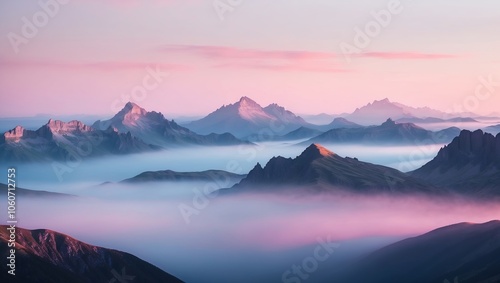 Dreamy landscape of misty mountains at dawn with pink and blue hues. Created with generative AI technology