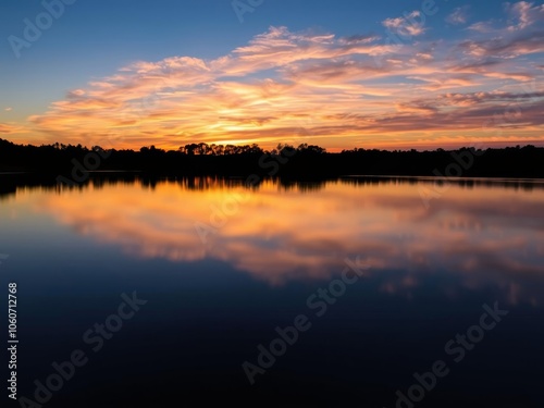 A serene landscape at dusk, with a silhouette of trees against a colorful sky reflecting on a smooth lake surface, sky, sunset